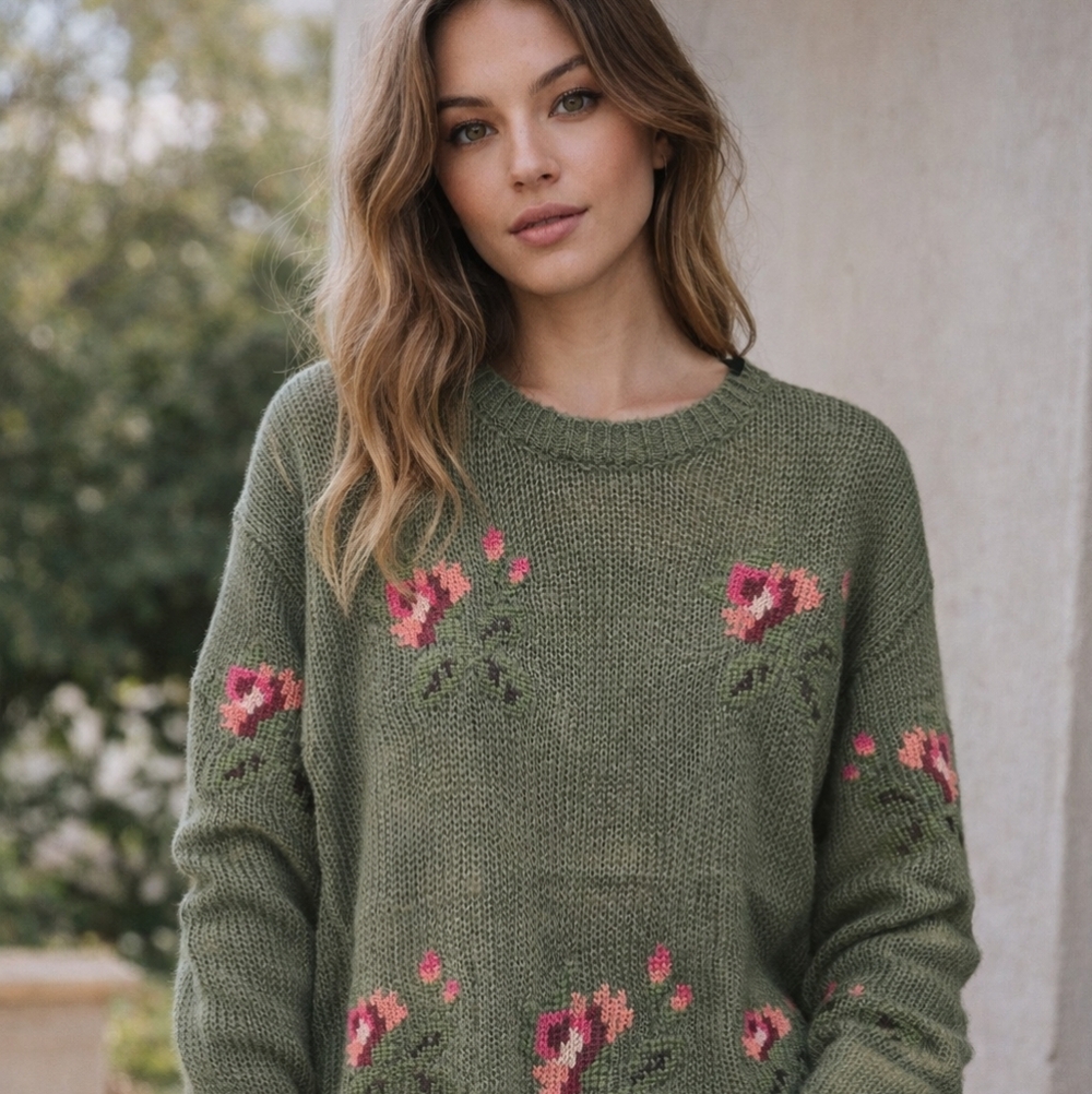 Davi & Dani Olive Green Chunky Knit Floral Embroidered Distressed Sweater NWT